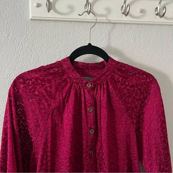 Anthropologie Susanna Red Burnout Velvet Button Front Blouse - Picture 4 of 8